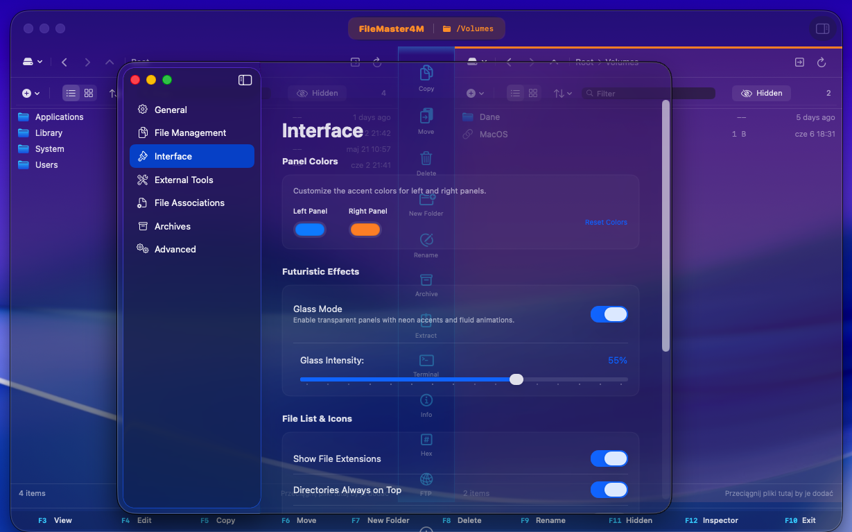 Settings, interface and Glass options